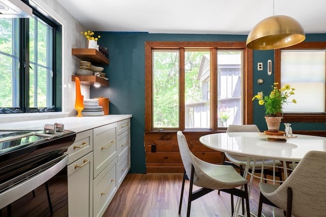 32 Fern St, Concord, MA 01742 - kitchen with black electric range oven, plenty of natural light, dark wood-style floors, and light countertops