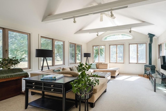 sunroom / solarium featuring rail lighting, a wood stove, and beamed ceiling