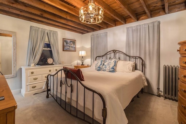 carpeted bedroom featuring beamed ceiling, an inviting chandelier, radiator heating unit, and wooden ceiling