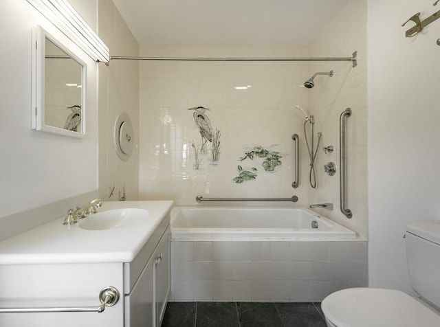 240 Atlantic Rd, Gloucester, MA 01930 - bathroom featuring toilet, tiled shower / bath, vanity, and tile patterned flooring