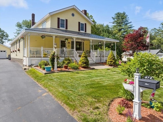 472 Potter Rd, Framingham, MA 01701 - farmhouse inspired home featuring a chimney, covered porch, an outbuilding, and a front yard