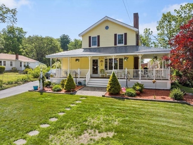 472 Potter Rd, Framingham, MA 01701 - country-style home featuring a porch, a chimney, and a front lawn