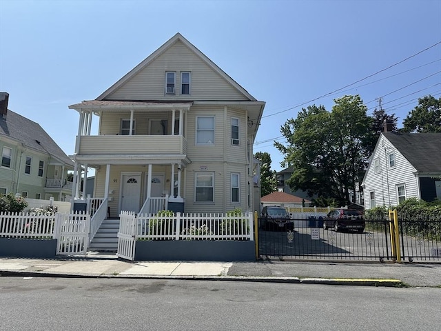 89-91 Cambridge St, Lawrence, MA 01843 - view of front of house with covered porch, a fenced front yard, a gate, and a balcony