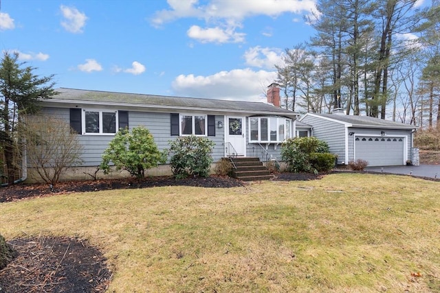 single story home featuring a garage, a chimney, and a front lawn