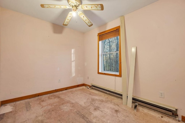 unfurnished room featuring ceiling fan and a baseboard heating unit