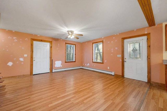 entryway with ceiling fan, light hardwood / wood-style floors, and a baseboard radiator