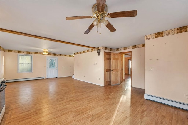 unfurnished room with ceiling fan, light wood-type flooring, and baseboard heating