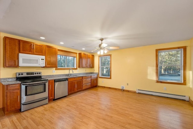 kitchen with stainless steel appliances, ceiling fan, baseboard heating, sink, and light hardwood / wood-style flooring