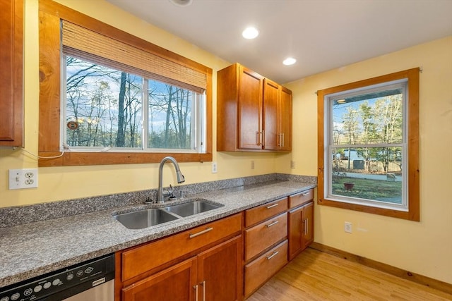 kitchen featuring dishwasher, a healthy amount of sunlight, light hardwood / wood-style floors, and sink