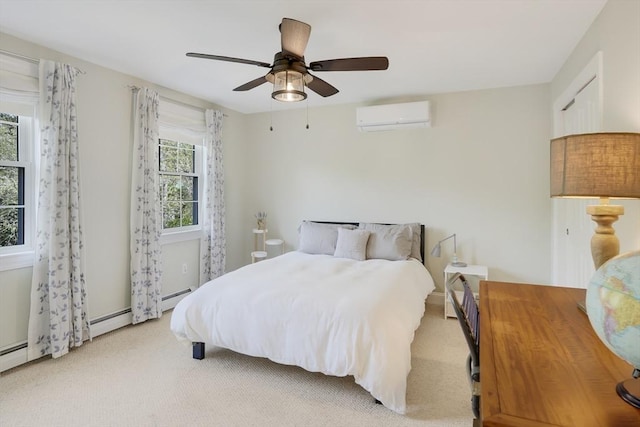 71 Sixth St N, Edgartown, MA 02539 - bedroom featuring an AC wall unit, carpet flooring, a baseboard heating unit, and ceiling fan
