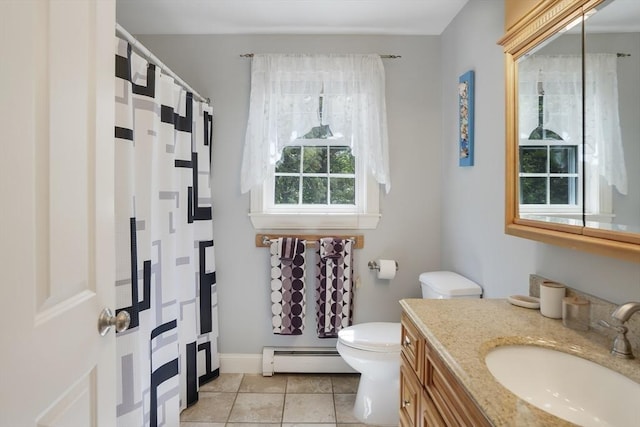 71 Sixth St N, Edgartown, MA 02539 - full bath with a baseboard radiator, toilet, vanity, tile patterned floors, and a shower with shower curtain