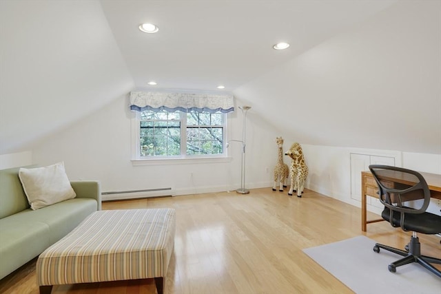 71 Sixth St N, Edgartown, MA 02539 - home office with baseboard heating, light wood finished floors, lofted ceiling, and recessed lighting