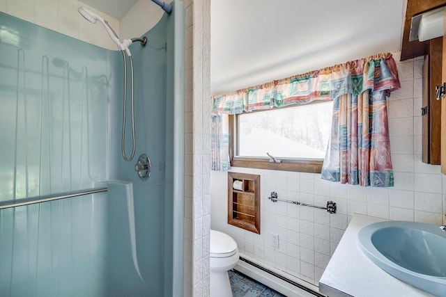 72 Highland Rd, Truro, MA 02666 - full bath featuring a stall shower, tile walls, vanity, and baseboard heating