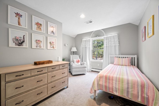 bedroom featuring vaulted ceiling, light carpet, a baseboard radiator, and visible vents