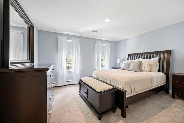 bedroom with recessed lighting, a baseboard radiator, visible vents, and light colored carpet