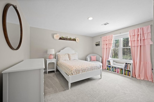 bedroom with recessed lighting, visible vents, and carpet floors