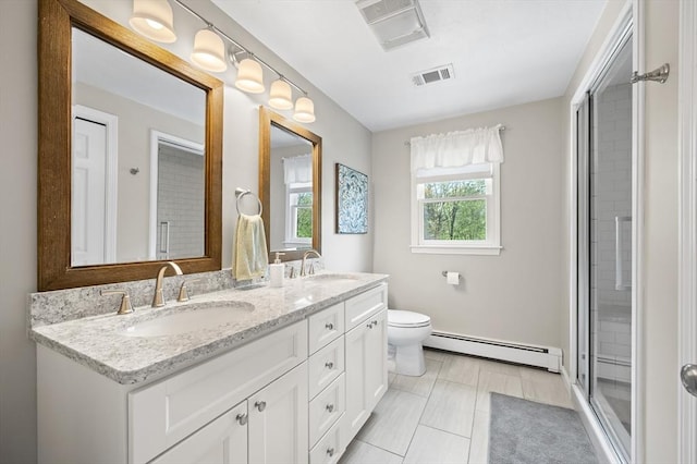 bathroom featuring visible vents, a baseboard heating unit, and a sink
