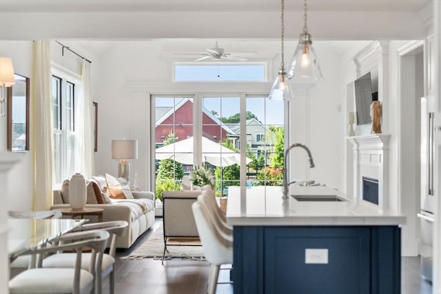 interior space with wood finished floors, ceiling fan, and a sink