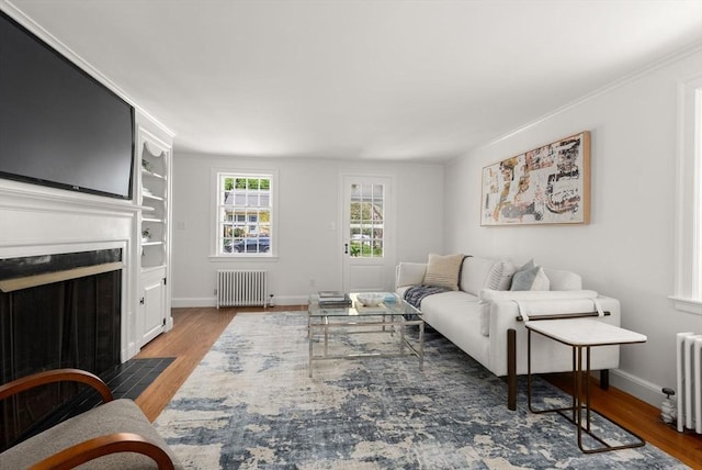 living room featuring baseboards, a fireplace with flush hearth, radiator, and wood finished floors