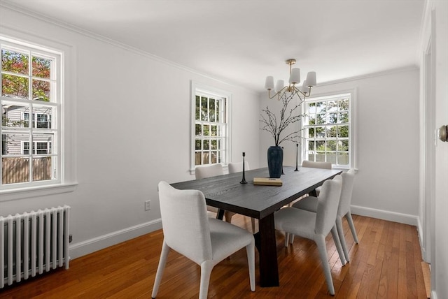 dining area featuring radiator heating unit, a healthy amount of sunlight, hardwood / wood-style flooring, and a chandelier