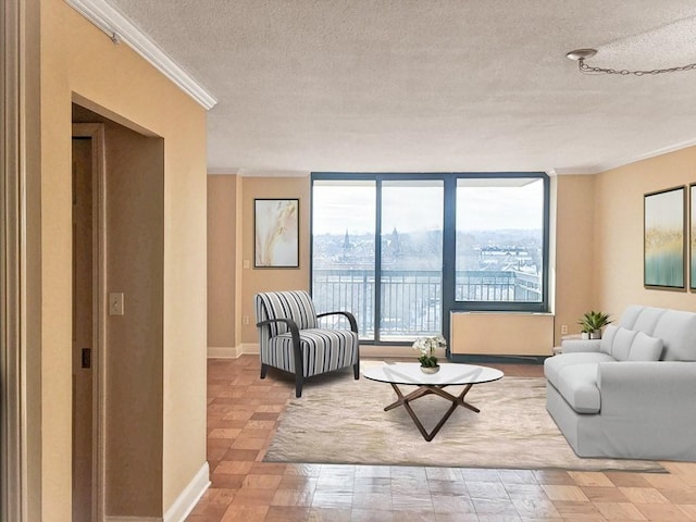 living room with a textured ceiling, crown molding, and baseboards