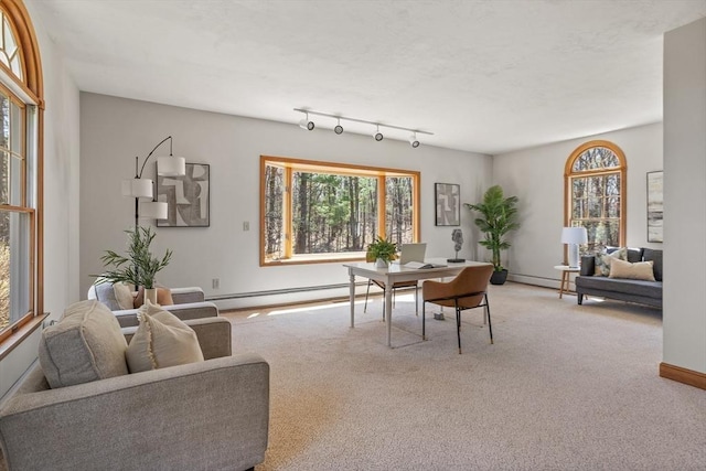carpeted home office featuring baseboards, baseboard heating, and a wealth of natural light