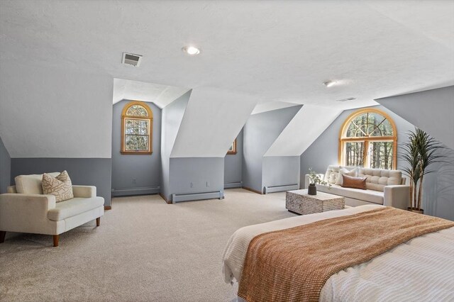 bedroom with vaulted ceiling, multiple windows, and baseboard heating