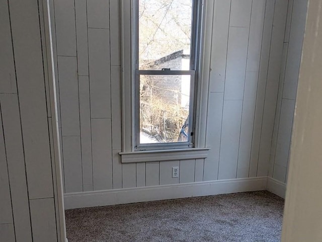 interior space with carpet flooring and wood walls