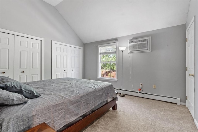 13 Berrington Rd Unit 13, Leominster, MA 01453 - bedroom with a baseboard radiator, a wall unit AC, multiple closets, lofted ceiling, and carpet flooring