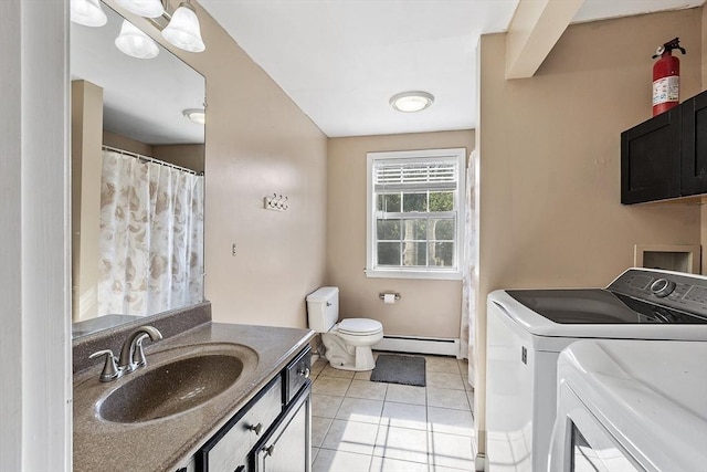 13 Berrington Rd Unit 13, Leominster, MA 01453 - full bathroom with washing machine and clothes dryer, a baseboard heating unit, vanity, tile patterned floors, and a shower with shower curtain