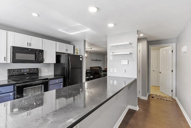 13 Berrington Rd Unit 13, Leominster, MA 01453 - kitchen featuring black appliances, white cabinets, dark wood-style flooring, dark stone counters, and recessed lighting