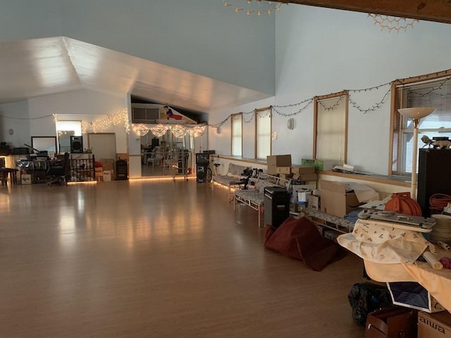 interior space with wood-type flooring and vaulted ceiling