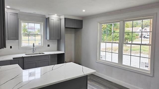 kitchen featuring gray cabinetry, a sink, baseboards, light stone countertops, and dark wood-style floors