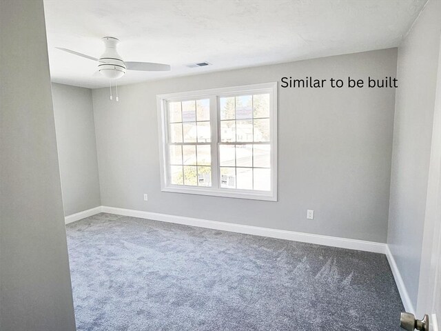 carpeted spare room with ceiling fan, visible vents, and baseboards