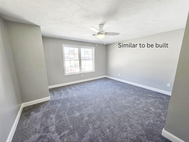 unfurnished room featuring a ceiling fan, dark carpet, a textured ceiling, and baseboards