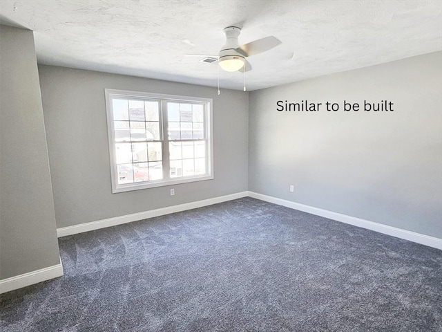 spare room featuring ceiling fan, a textured ceiling, dark carpet, and baseboards