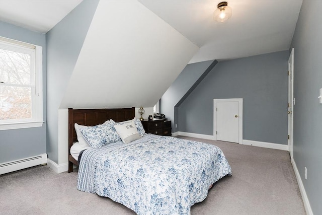 carpeted bedroom with lofted ceiling, a baseboard radiator, and multiple windows