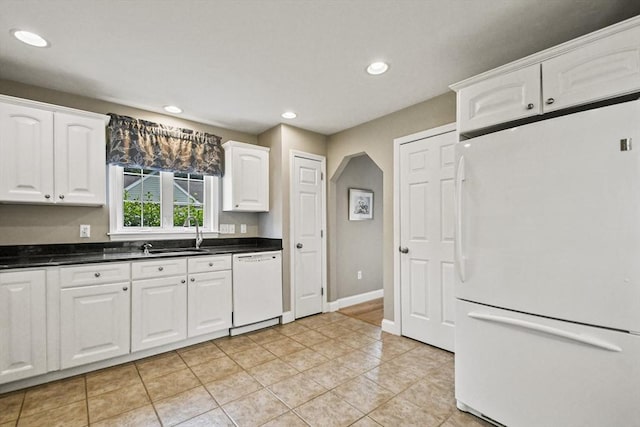 7 Myra Ln Unit 11, Worcester, MA 01606 - kitchen with white appliances, a sink, white cabinetry, dark countertops, and recessed lighting