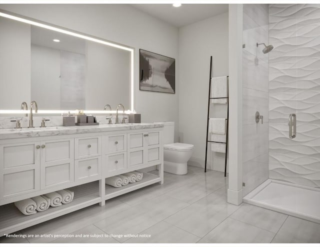 bathroom with tile patterned flooring, vanity, toilet, and walk in shower