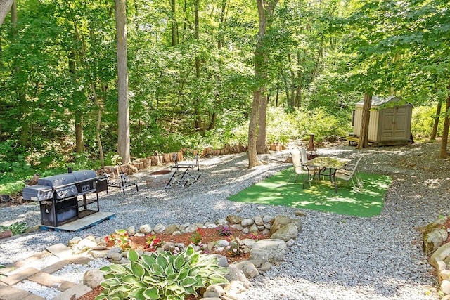 view of yard featuring a fire pit and a storage shed