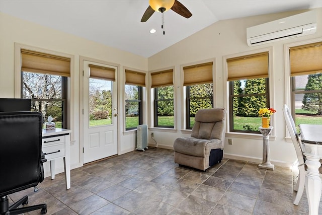sunroom / solarium featuring a healthy amount of sunlight, an AC wall unit, and vaulted ceiling