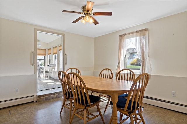 dining room with a ceiling fan and a baseboard heating unit