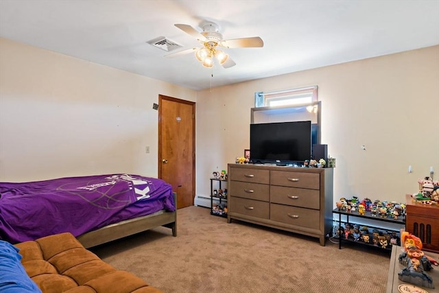 bedroom with ceiling fan, visible vents, baseboard heating, and light colored carpet