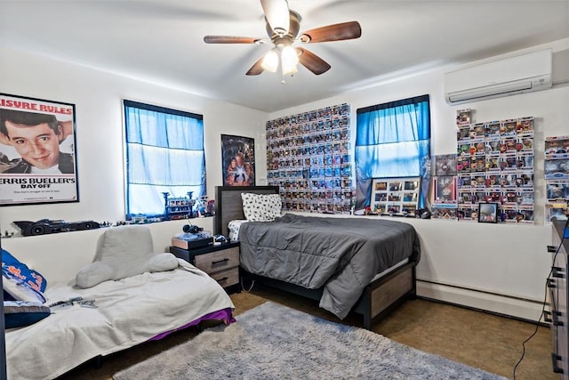 bedroom with a ceiling fan, multiple windows, a wall mounted AC, and a baseboard radiator