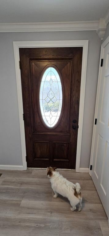 foyer entrance featuring crown molding, light wood finished floors, and baseboards