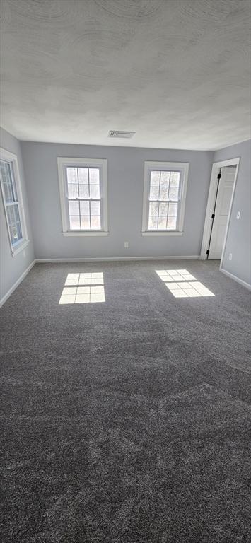 empty room featuring a wealth of natural light, baseboards, visible vents, and carpet flooring