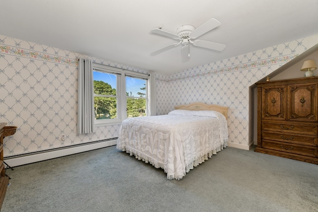 bedroom featuring ceiling fan, carpet flooring, and baseboard heating