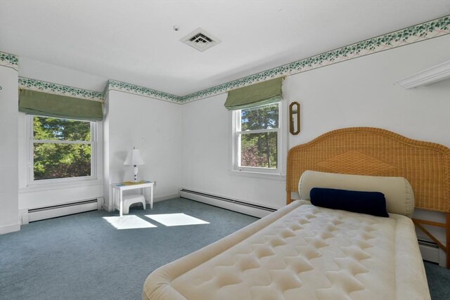 carpeted bedroom with a baseboard heating unit