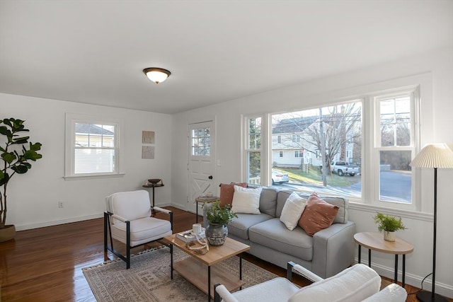 living room with dark hardwood / wood-style floors