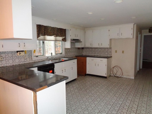 kitchen with white cabinetry, sink, dishwashing machine, decorative backsplash, and kitchen peninsula